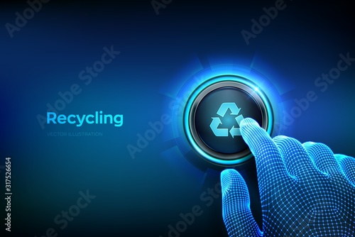 Eco concept with recycling symbol. Recycle - reduce - reuse. Environmental protection. Closeup finger about to press a button with recycling symbol. Just push the button. Vector illustration.