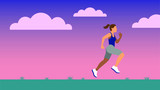 Woman with ponytail jogging over a green meadow at dawn flat design
