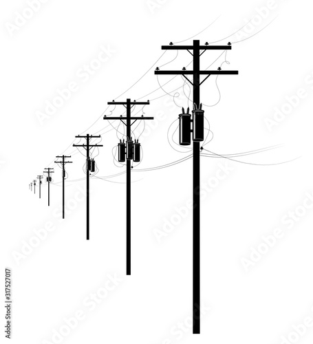 Energy and technology electrical post by the road with power line cables, transformers sky providing copy space.