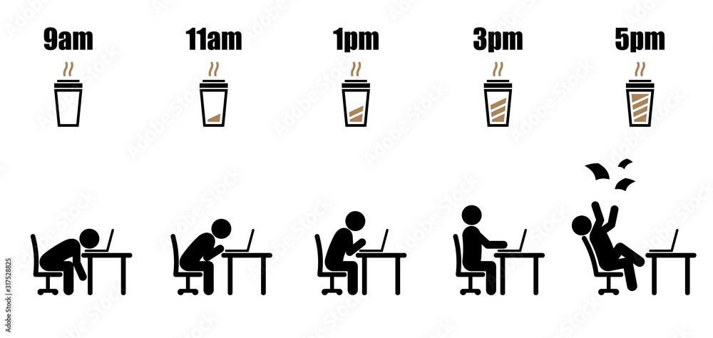 Funny 9pm Routine Graphics Working hours life cycle from nine am to five pm concept in black stick ...