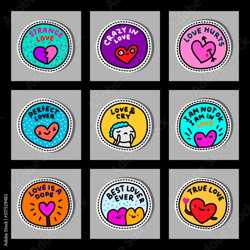 Sticker emotional loving set hand drawn in cartoon comic style round colorful vibrant