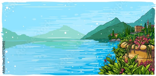 Italian landscape background with villas and cypresses. Como lake romantic sketch horizontal illustration.