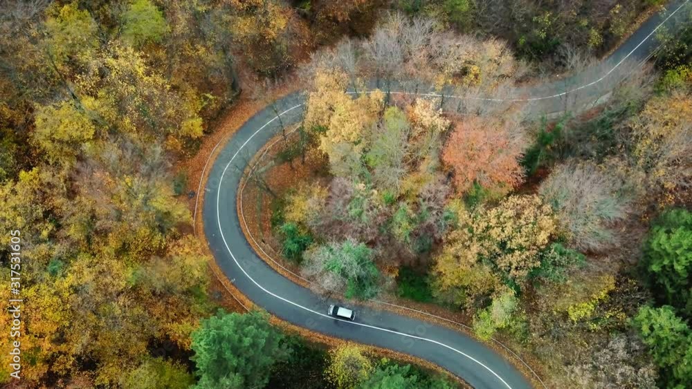 Aerial view of car passing curvy road in forest. Autumn high in mountains. Aerial view of car passing curvy road in forest. Autumn high in mountains.