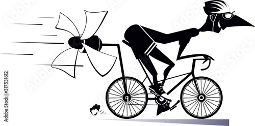 Cartoon man rides a bike isolated illustration. Smiling man in helmet on the bike tries to ride faster using a propeller black on white