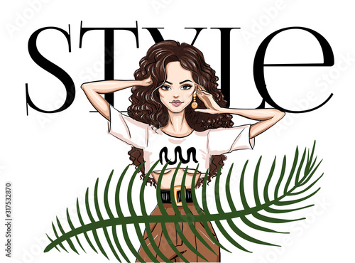 woman with hands in hair and palm leaf