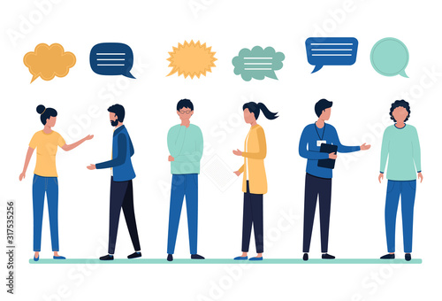 Discussion people, speech bubble. A group of friends, students, employees talking, gesturing. Communication of young men and women. Flat vector illustration isolated on white background.