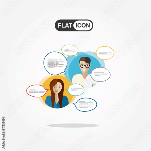 Yong happy people in circles with speech bubbles flat vector illustration of people  using mobile messengers for chatting and communicating. 