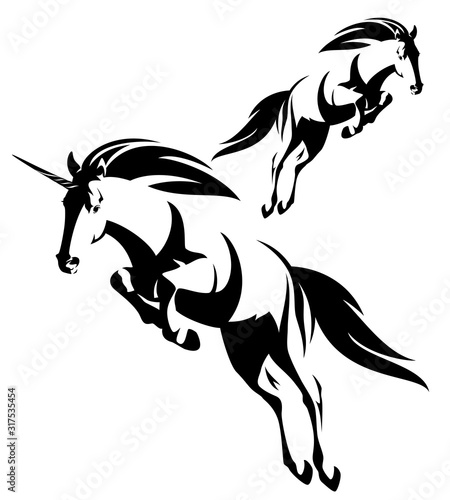 jumping forward mythical unicron and wild mustang horse black and white vector outline set