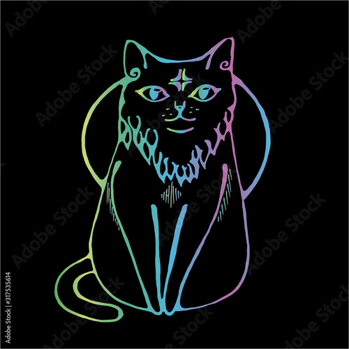 Neon illustration of a cat that sits calmly with a star in the forehead and the moon on the background.