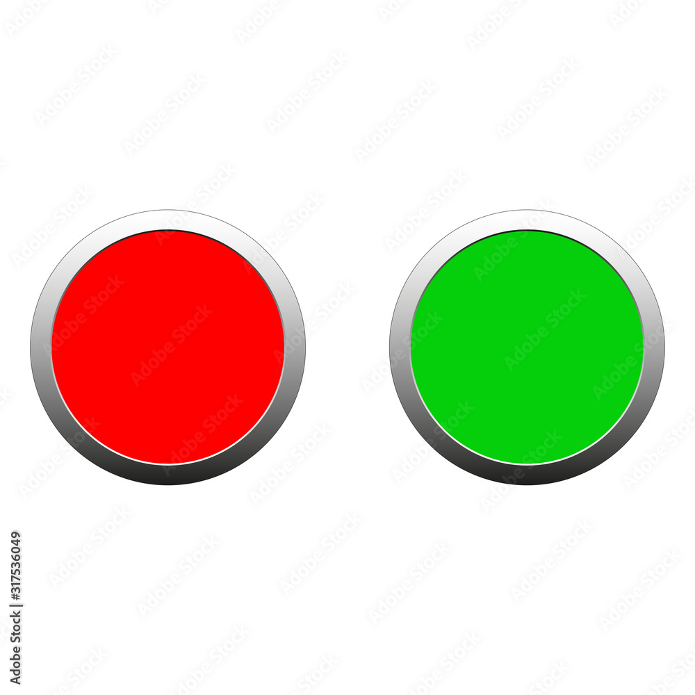 Template of red and green round or circle buttons with metallic stroke. Set of two buttons isolated on a white background for the web or apps. Vector illustration Template of red and green round or circle buttons with metallic stroke. Set of two buttons isolated on a white background for the web or apps. Vector illustration