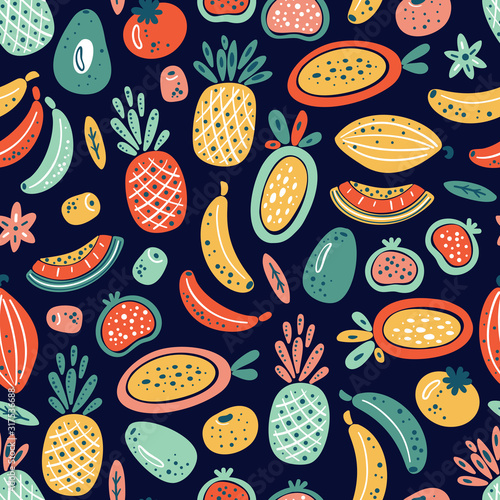 Cartoon Fruits and Berries Vector Seamless Pattern. Colorful Fruit Wallpaper. Healthy Summer Food Background