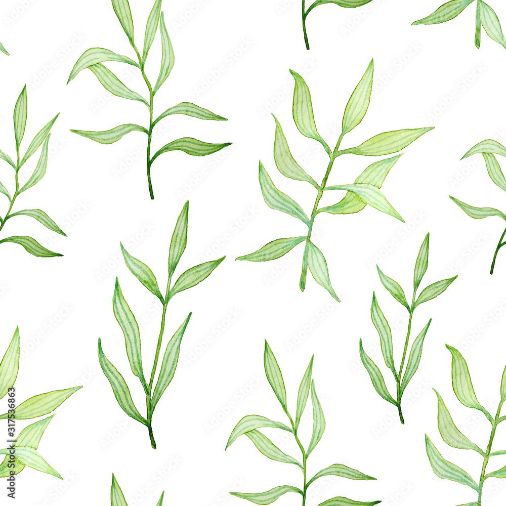 Fototapeta Watercolor seamless pattern with green leaves. Spring background