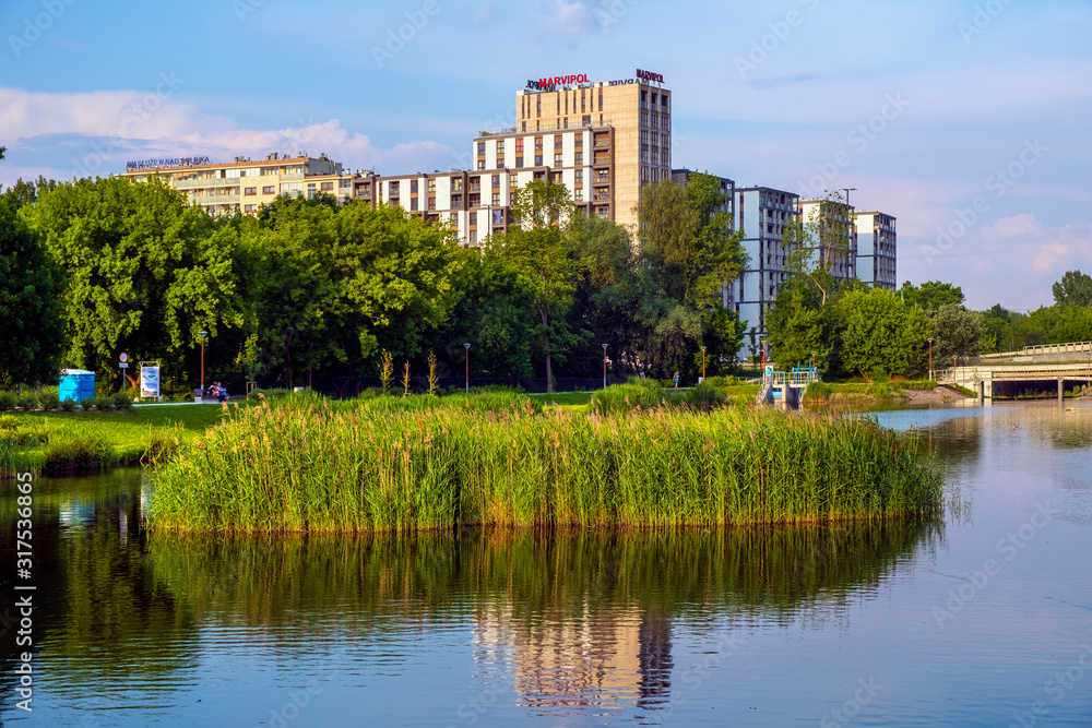 Panoramic view of the Sluzew district of Warsaw, Poland with its recreational green spaces and modernistic residential real estate projects