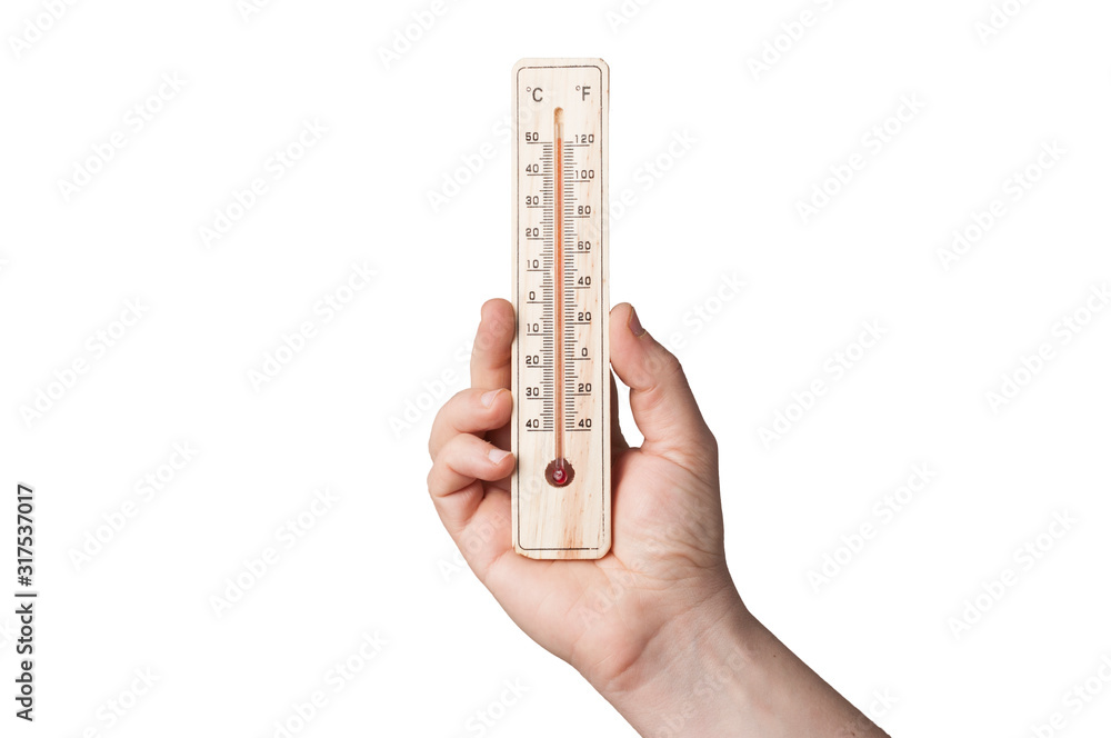 Hand holds a thermometer on a white background Hand holds a thermometer on a white background
