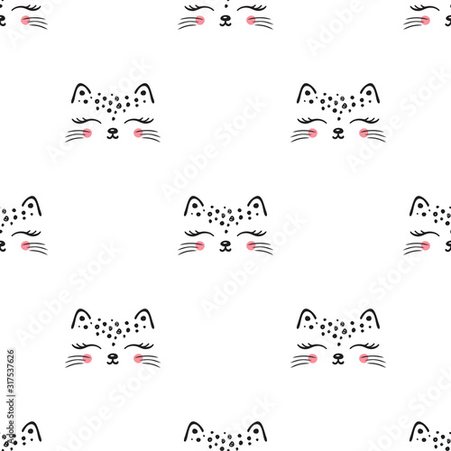 Little cute leopard cat Seamless Pattern for kids. Doodle kitten face. Cat head. Cartoon Animal Vector illustration in Scandinavian style