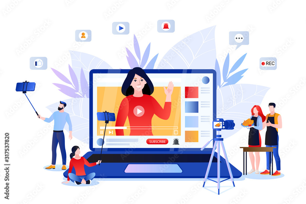 Vlog and video content creation for social networks. Vector illustration of lifestyle bloggers and influencers Vlog and video content creation for social networks. Vector illustration of lifestyle bloggers and influencers