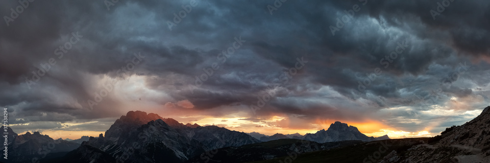 Looking west from the Three Peaks at sunset, Dolomite Alps in South Tyrol, Italy