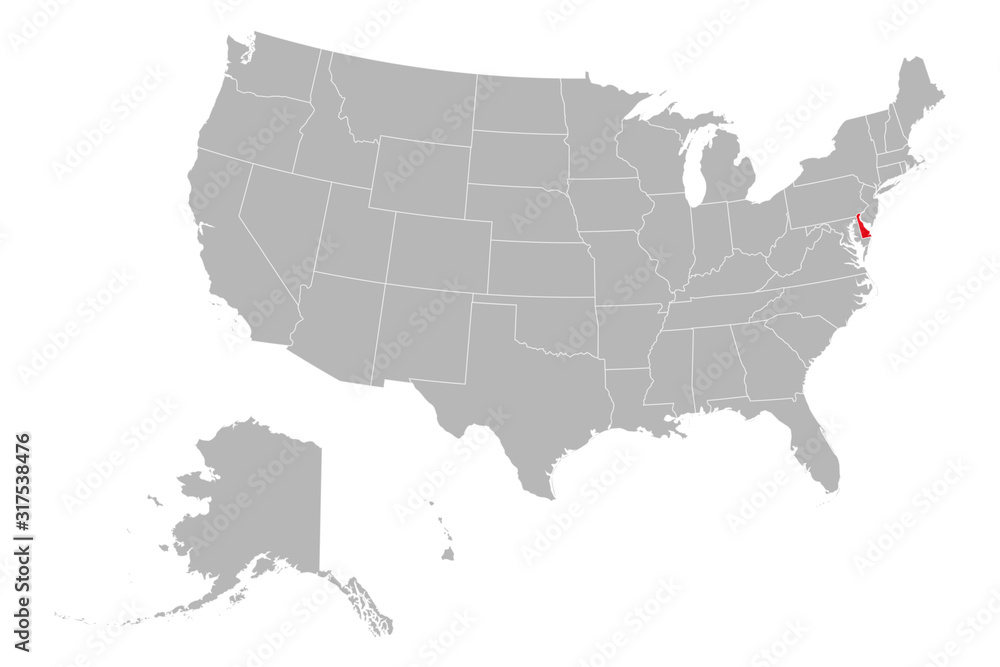 Fototapeta premium Delaware highlighted on USA political map. Gray background.