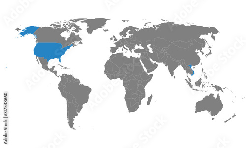 Fototapeta Naklejka Na Ścianę i Meble -  Vietnam, USA political map highlighted on world map. Gray background. Business concepts trade, economic foreign relations.