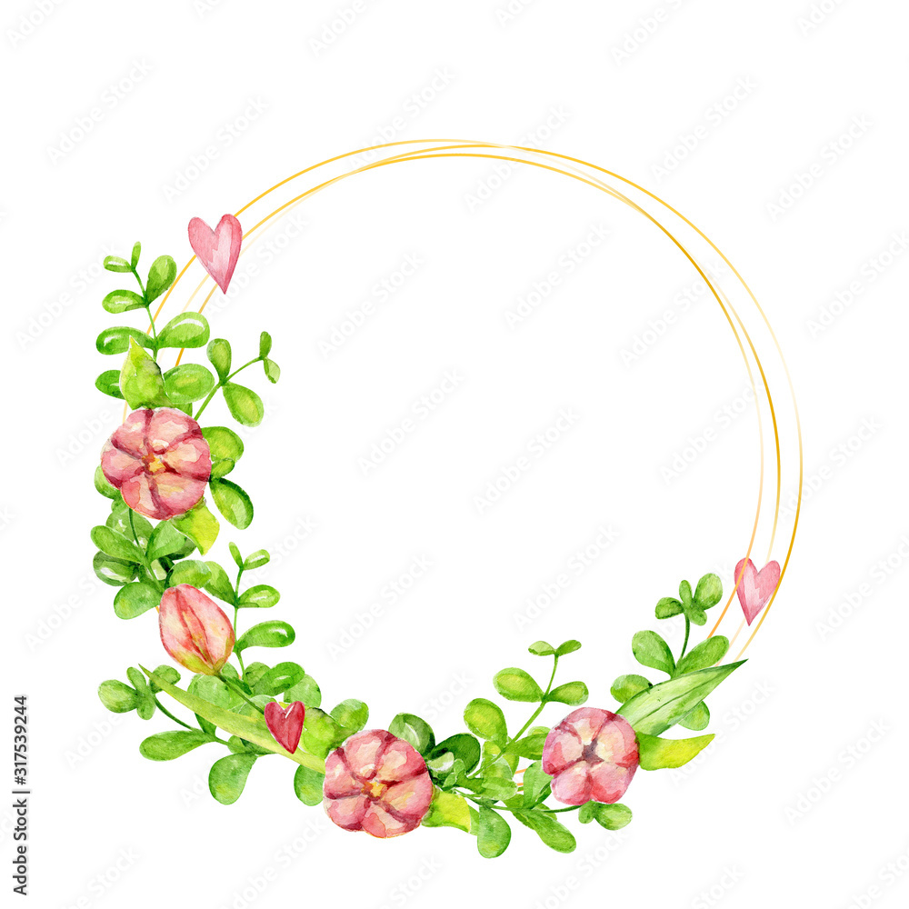 Fototapeta premium Watercolor gold frame with leaves and tulips. Spring flowers wreath. Colorful floral background. Romantic border wreath with pink hearts. Place for text. Love cards, greeting, wedding invitation.