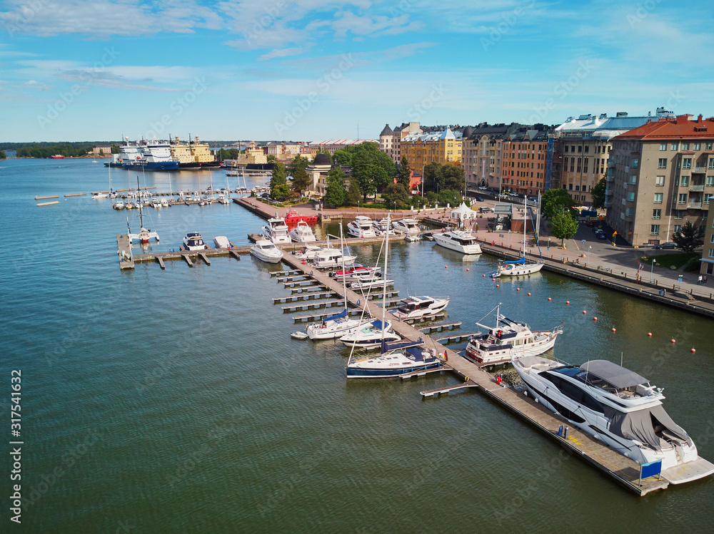Aerial view of city streets and embankment in Helsinki, Finland