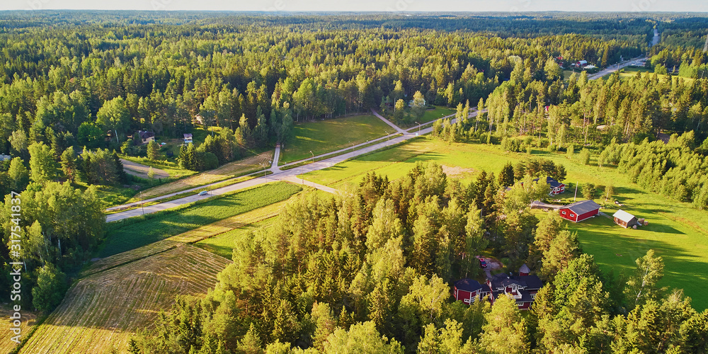 Aerial view of road surrounded by forest in countryside of Finland, Northern Europe