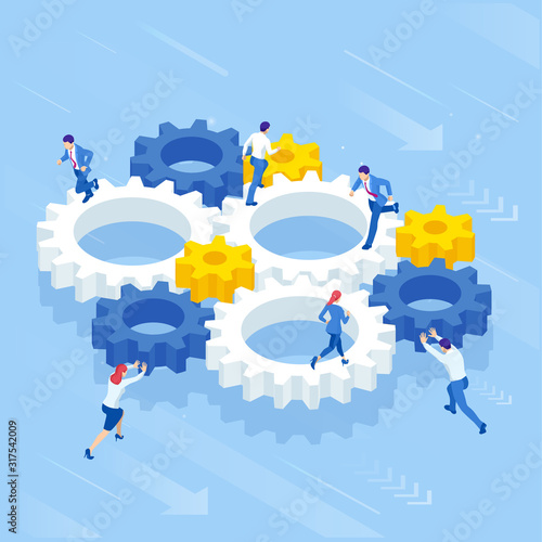 Isometric Businessmen running in gears wheels. The business of hard work, motivation and success concept.