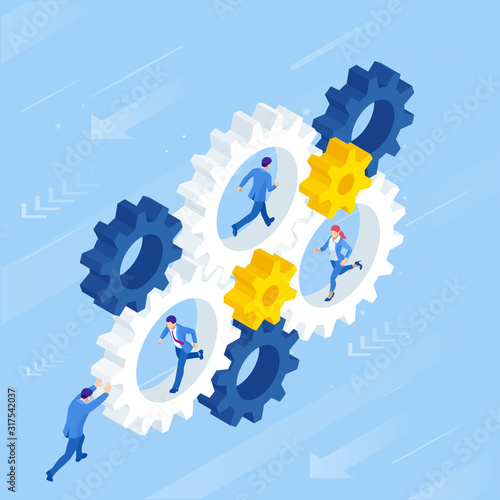 Isometric Businessmen running in gears wheels. The business of hard work, motivation and success concept.