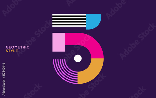 Colored geometric number with abstract graphic shapes. Five 5 vector illustration EPS.