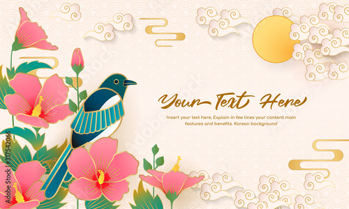 Korean traditional background vector illustration. Mugunghwa (Hibiscus flower) and Magpie with copy space. Korean Holiday background