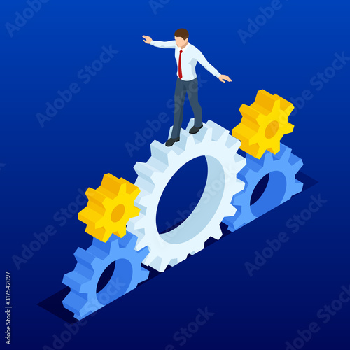 Isometric Businessmen running in gears wheels. The business of hard work, motivation and success concept.