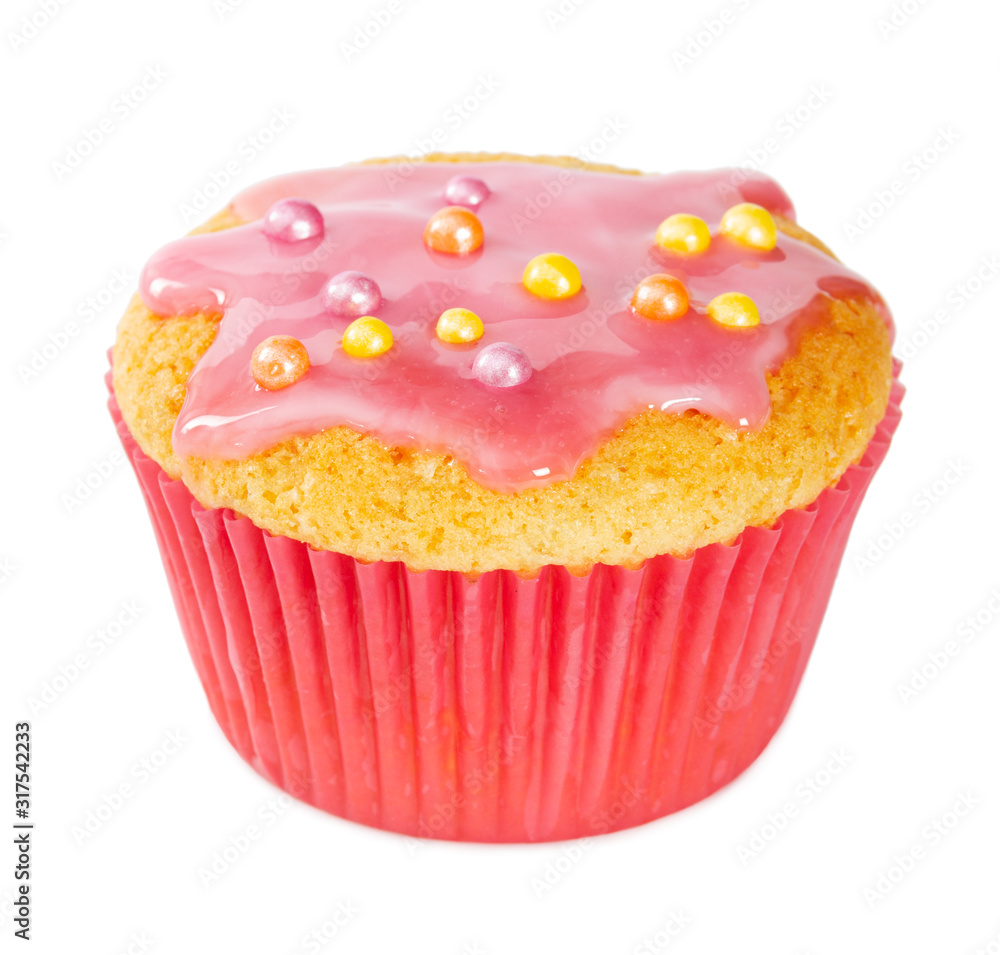 Vanilla muffin with pink icing and colored sprinkles Vanilla muffin with pink icing and colored sprinkles
