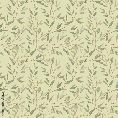 Seamless hand drawn pattern with watercolor leaves