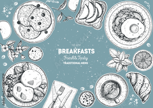 Breakfasts top view frame. Morning food menu design. Breakfast and brunches dishes collection. Vintage hand drawn sketch, vector illustration. Engraved style.