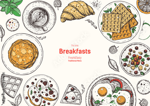 Breakfast top view frame. Morning food menu design. Breakfast dishes collection. Vintage hand drawn sketch, vector illustration. Engraved style.