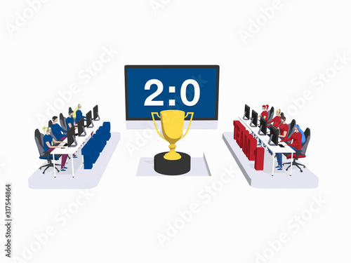 The professional cybersport tournament for the golden cup on dark blue background. rivalry between two teams, an unequal score 