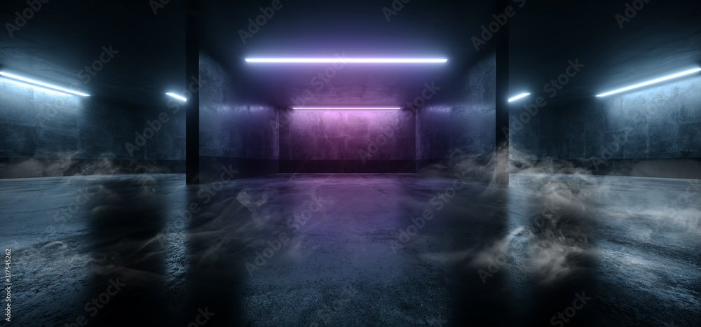 Smoke Fog Futuristic Sci Fi Blue Purple Pantone Glowing Laser Neon Beams Virtual Graphic Cyber Garage Stage Studio Underground Hallway Parking Showcase 3D Rendering