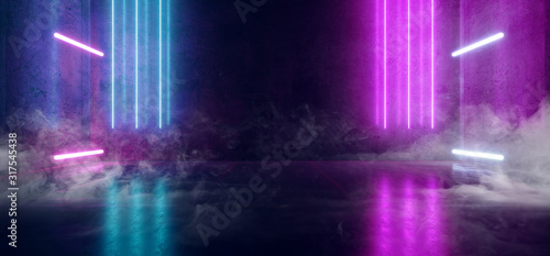 Fototapeta Naklejka Na Ścianę i Meble -  Smoke Fog Futuristic Sci Fi Blue Purple Pantone Glowing Laser Neon Beams Virtual Graphic Cyber Garage Stage Studio Underground Hallway Parking Showcase 3D Rendering