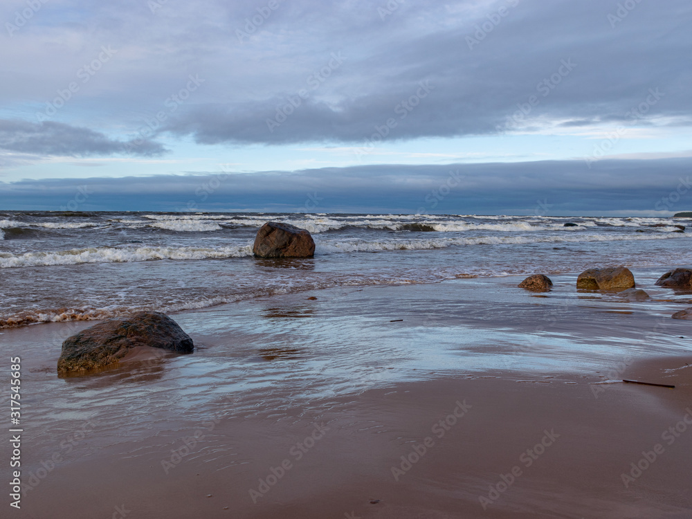 Fototapeta premium beautiful seascape, dark clouds and white waves