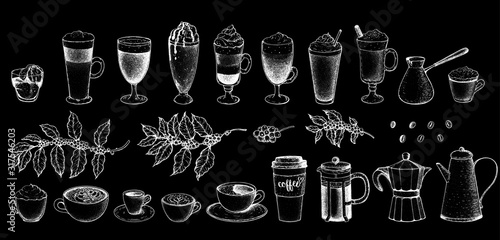 Coffee drink hand drawn collection. Sketch graphic elements for menu design. Vintage vector illustration. Various coffee drinks set. Coffee cups, beans and coffee makers illustration.
