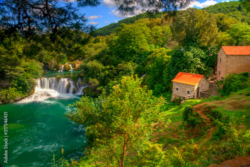 Waterfalls and stone mill, Krka National Park, Dalmatia, Croatia.