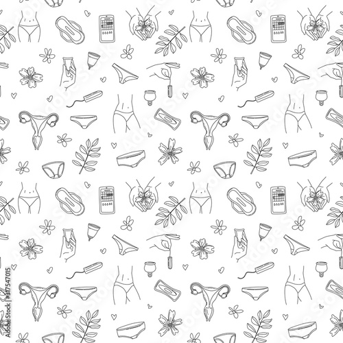 Women's menstruation periods seamless pattern: underpants, pads, tampons, menstrual cup