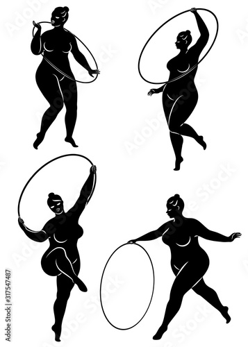 Collection. Gymnastics. Silhouette of a girl with a hoop. The woman is overweight, a large body. The girl is full figured. Vector illustration set