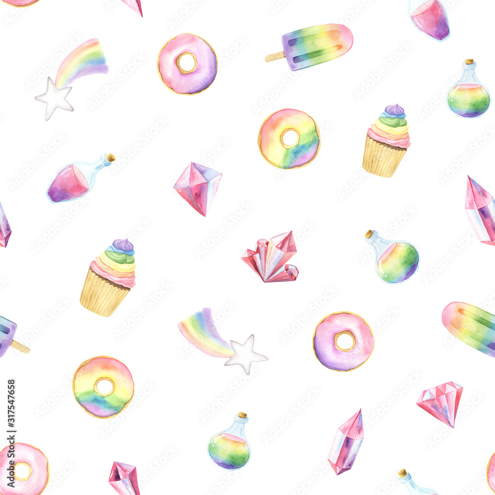 Watercolor seamless pattern with colorful rainbow