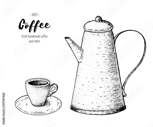 Vintage coffee pot. Hand drawn sketch. Vintage vector illustration. Make espresso coffee.