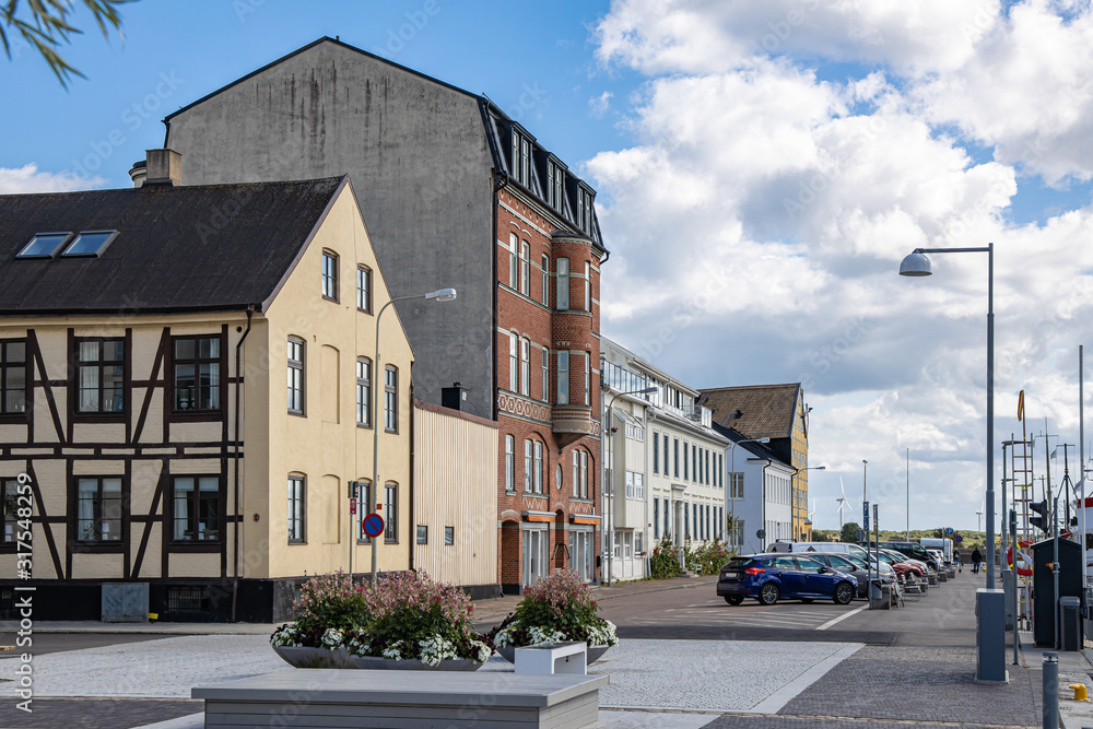 Landskrona Port, marina and surrounding mixed-use neighborhood with water tower in the back in Landskrona, Sweden