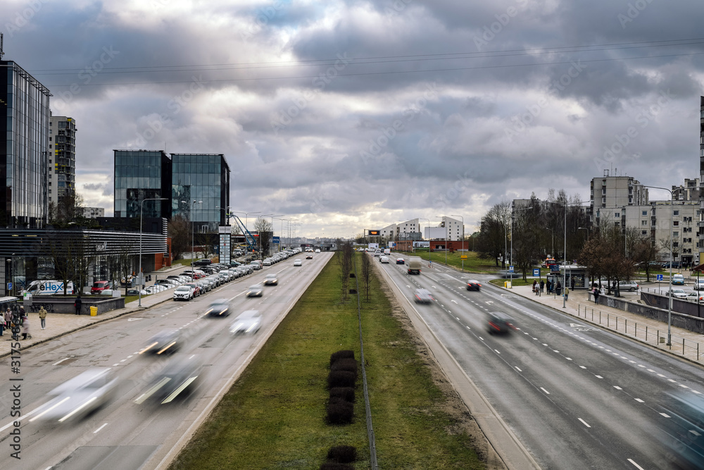 Vilnius traffic time and motion blur of the cars