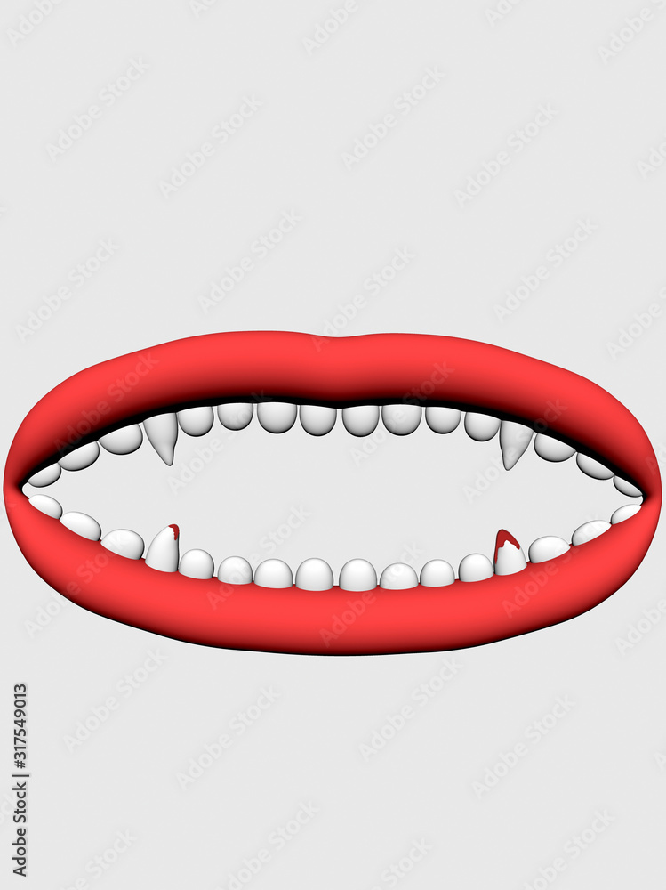 Naklejka premium Red lips open mouth on a white background. with white teeth. mouth with blood. 3D rendering