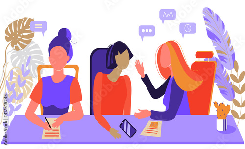 Women at a meeting at the table. Working meeting of the team in the conference room. Women's team. Flat design. Stock market, investment and business, finance and business people.