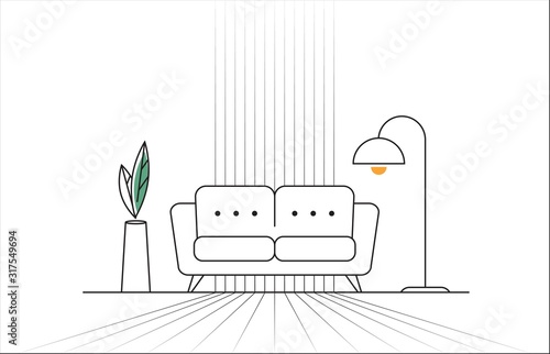 Vector Line Illustration with Sofa, Floor Lamp and Flower.